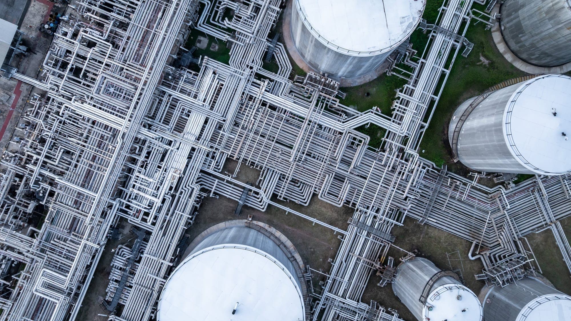 Aerial view of a tank farm and its pipe racks